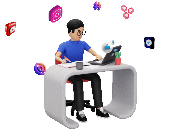 programador diseñando paginas web, con logos de redes sociales flotando sobre el